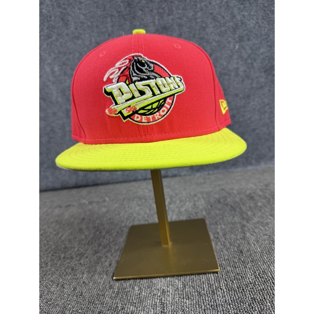 Detroit Pistons Hat Cap Fitted Mens 7 3/8 Red Yellow NBA Basketball New Era
